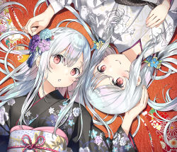 Rule 34 | 2girls, :o, black kimono, blue flower, blush, closed mouth, floral print, flower, from above, hair flower, hair ornament, hand on another&#039;s head, hand on own chest, head tilt, highres, japanese clothes, kantoku, kimono, long hair, long sleeves, looking at viewer, lying, multiple girls, obi, on back, original, parted lips, pink flower, print kimono, purple flower, red eyes, sash, smile, upper body, white hair, white kimono, wide sleeves, yellow flower