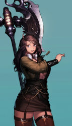 Rule 34 | 1girl, ahoge, aqua background, axe, blade &amp; soul, brown eyes, brown hair, brown thighhighs, cain (gunnermul), garter straps, holding, holding axe, holding weapon, jewelry, long hair, looking at viewer, necklace, open mouth, simple background, smile, solo, teeth, thighhighs, upper teeth only, weapon