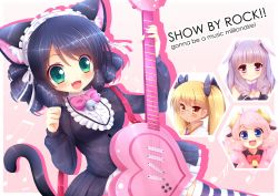 Rule 34 | 10s, 4girls, animal ears, bell, black hair, blonde hair, cat ears, cat tail, chuchu (show by rock!!), cyan (show by rock!!), glasses, gradient background, green eyes, guitar, instrument, kane-neko, long hair, moa (show by rock!!), multiple girls, pink hair, purple hair, rabbit ears, red eyes, retoree (show by rock!!), sheep ears, show by rock!!, strawberry heart (show by rock!!), striped clothes, striped thighhighs, tail, thighhighs, twintails, yellow eyes