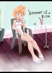 Rule 34 | 1girl, blue eyes, breasts, creatures (company), english text, feet, game freak, gym leader, highres, looking at viewer, misty (pokemon), nintendo, nyonn24, one-piece swimsuit, open mouth, orange hair, pokemon, pokemon hgss, short hair, sitting, smile, solo, swimsuit