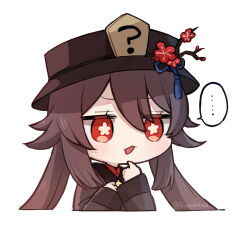 Rule 34 | ..., 1girl, ?, artist name, black hat, blue ribbon, blush, branch, brown coat, brown hair, chibi, coat, collared coat, commentary request, flower, flower-shaped pupils, genshin impact, gradient hair, hair between eyes, hands up, hat, hat flower, hat ornament, hat ribbon, honotai, hu tao (genshin impact), long hair, long sleeves, looking to the side, mandarin collar, multicolored hair, open mouth, pink flower, red eyes, red flower, red shirt, ribbon, shirt, sidelocks, simple background, solo, speed lines, symbol-shaped pupils, tassel, tassel hat ornament, twintails, upper body, white background, wide sleeves, wing collar