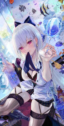 Rule 34 | 1girl, absurdres, black garter straps, black thighhighs, blue bow, blue necktie, blush, bottle, bow, bra, bra peek, breasts, cleavage, commentary, cup, drinking glass, earrings, fish, fish earrings, frosted glass, garter straps, glass bottle, hair bow, highres, holding, holding bottle, holding cup, ito lab, jewelry, lace, lace-trimmed bra, lace trim, large breasts, long hair, looking at viewer, medium breasts, mouth hold, necktie, necktie in mouth, original, partially unbuttoned, purple eyes, shirt, skindentation, skirt, solo, striped clothes, striped skirt, striped thighhighs, sweat, teeth, thighhighs, tropical fish, underwear, vertical-striped clothes, vertical-striped skirt, vertical-striped thighhighs, white hair, white shirt, wine bottle