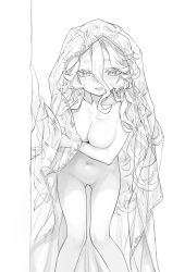 Rule 34 | 1girl, absurdres, breasts, completely nude, covering privates, covering breasts, gluteal fold, greyscale, hair between eyes, hand up, highres, leaning forward, leon v, long hair, looking at viewer, medium breasts, monochrome, navel, nude, open mouth, original, sketch, solo, standing, veil, white background