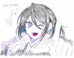 Rule 34 | 1girl, ;d, animal print, black hair, bleach, blush, close-up, commentary, double-parted bangs, eyelashes, gwao ( ul 13), hair between eyes, hand up, happy, holding, holding microphone, index finger raised, korean text, kuchiki rukia, medium hair, microphone, musical note, one eye closed, open mouth, oshi no ko, parody, pointing, pointing at viewer, purple eyes, rabbit print, sketch, smile, solo, star-shaped pupils, star (symbol), symbol-only commentary, symbol-shaped pupils, teeth, translation request, tsurime, v-shaped eyebrows