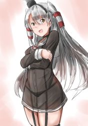 Rule 34 | 1girl, amatsukaze (kancolle), black panties, brown dress, commentary request, crossed arms, dress, fang, garter straps, hair tubes, hat, highres, kamaboko senshi, kantai collection, lifebuoy, long hair, looking at viewer, mini hat, open mouth, panties, sailor dress, short dress, silver hair, smile, smokestack hair ornament, solo, swim ring, thighhighs, two side up, underwear, yukikaze (kancolle)