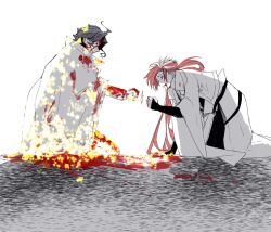Rule 34 | 2boys, ahoge, arm support, black hair, black kimono, blood, blood from mouth, blood on clothes, blood on face, blood on hands, blood splatter, cape, dissolving, earrings, eye contact, fate/grand order, fate (series), feet out of frame, fist bump, from side, hair over one eye, hand on ground, jacket, japanese clothes, jewelry, kimono, kneeling, light particles, long hair, long sleeves, looking at another, low ponytail, male focus, multicolored hair, multiple boys, nagatekkou, on ground, open clothes, open kimono, pants, parted lips, profile, red eyes, red hair, royst, short hair, smile, streaked hair, takasugi shinsaku (fate), waist cape, wavy hair, white background, white cape, white hair, white jacket, white pants, wide sleeves, yoshida shouin (fate)