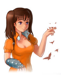 Rule 34 | 1girl, artist request, bird, breasts, brown hair, cleavage, diane (nanatsu no taizai), giant, giantess, gloves, medium breasts, medium hair, nanatsu no taizai, puffy sleeves, purple eyes, short sleeves, smile, solo, twintails