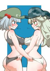 Rule 34 | 2girls, ass, back, black panties, black sports bra, blue background, blue eyes, blue hair, blue headwear, blunt bangs, blush, bob cut, bra, breast press, breasts, cabbie hat, camouflage, camouflage headwear, commentary, frilled bra, frilled panties, frills, from side, glaring, green eyes, green headwear, grey hair, grimace, hair bobbles, hair ornament, hat, kawashiro nitori, lifting another&#039;s clothes, long hair, looking at another, multiple girls, panties, panty lift, short hair, sports bra, sports panties, standing, sweat, symmetrical docking, tearing up, touhou, translated, twitter username, two side up, underwear, underwear only, wedgie, white bra, white panties, yamashiro takane, zannen na hito