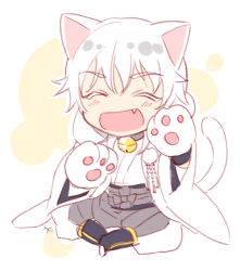 Rule 34 | 10s, 1boy, ^ ^, animal ears, animal hands, bell, cat boy, cat ears, cat paws, cat tail, chibi, closed eyes, collar, colored eyelashes, fang, flat color, full body, gold trim, japanese clothes, male focus, neck bell, open mouth, pom pom (clothes), sitting, smile, solo, tail, touken ranbu, tsurumaru kuninaga, uni (nofty), white hair