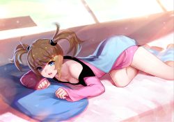 Rule 34 | 1girl, bed sheet, blonde hair, blue eyes, breasts, cleavage, dress, inari kei, long hair, looking at viewer, medium breasts, open mouth, phantasy star, phantasy star online 2, pillow, pink dress, short dress, sierra (pso2), sleeves past fingers, sleeves past wrists, solo, twintails
