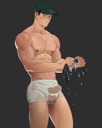 Rule 34 | 1boy, abs, bara, baseball cap, black eyes, black hair, covered penis, covered testicles, cowboy shot, grey background, hat, highres, holding, holding clothes, looking down, male focus, male underwear, muscular, muscular male, naoki (xhju8282), original, pectorals, raised eyebrows, see-through, short hair, sideburns, simple background, solo, squeezing, topless male, underwear, underwear only, water drop, wet, wet clothes, wet male underwear, white male underwear