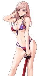 Rule 34 | 1girl, adjusting hair, applekun, arm up, bare arms, bikini, blue eyes, blush, breasts, choker, cleavage, collarbone, contrapposto, earrings, fate/grand order, fate (series), flag print, front-tie bikini top, front-tie top, hair between eyes, highres, jewelry, looking at viewer, medium breasts, miyamoto musashi (fate), miyamoto musashi (swimsuit berserker) (second ascension) (fate), navel, no pants, no shirt, pink hair, shinai, simple background, skindentation, smile, solo, swimsuit, sword, underboob, weapon, white background
