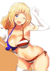 Rule 34 | 10s, 1girl, ;d, american flag bikini, american flag print, arito arayuru, arm up, armpits, bad id, bad pixiv id, bare shoulders, bent over, bikini, blonde hair, blue eyes, breasts, cleavage, collarbone, cowboy shot, elbow gloves, flag print, girls und panzer, gloves, head tilt, highres, kay (girls und panzer), large breasts, navel, one eye closed, open mouth, print bikini, pulling own clothes, shiny skin, short hair, smile, solo, star (symbol), star print, stomach, strap pull, swimsuit, thighhighs, white background, white thighhighs
