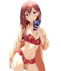 Rule 34 | 1girl, bikini, blush, breasts, cellphone, cleavage, commentary request, cowboy shot, dress, earrings, etsutsuni, frilled bikini, frills, glint, gown, highres, holding, holding phone, idolmaster, idolmaster cinderella girls, indoors, jewelry, long hair, looking at viewer, medium breasts, navel, necklace, phone, purple eyes, purple hair, red bikini, simple background, smile, solo, strapless, swimsuit, white background, yagami makino