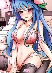 Rule 34 | 1girl, bare arms, bare shoulders, black hat, black thighhighs, blue hair, blush, bra, breasts, cleavage, fifiruu, food, front-hook bra, fruit, hat, heart, hinanawi tenshi, indoors, long hair, looking at viewer, medium breasts, navel, on bed, open bra, panties, panty pull, peach, pink bra, pink panties, pulling own clothes, red eyes, sitting, smile, solo, stomach, strap gap, thighhighs, touhou, underwear, underwear only, undressing, very long hair