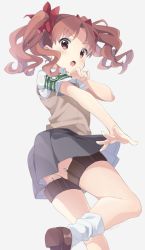 Rule 34 | 1girl, ankle socks, armband, blouse, blush, bow, brown eyes, brown footwear, brown hair, collared shirt, commentary request, green armband, grey background, grey skirt, hair bow, highres, kuune rin, loafers, long hair, looking at viewer, open mouth, outstretched arm, panties, parted bangs, pleated skirt, red bow, school uniform, shirai kuroko, shirt, shoe soles, shoes, short sleeves, simple background, skirt, socks, solo, sweater vest, teeth, thigh strap, thighs, toaru kagaku no railgun, toaru majutsu no index, tokiwadai school uniform, twintails, underwear, upper teeth only, wavy hair, white panties, white shirt, white socks