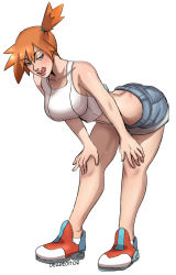 Rule 34 | 1girl, adapted costume, asymmetrical hair, bare legs, blush, breasts, cowboy shot, creatures (company), deareditor, denim, denim shorts, game freak, green eyes, gym leader, highres, large breasts, legs, misty (pokemon), nintendo, orange hair, pokemon, pokemon lgpe, ponytail, shirt, short hair, short shorts, shorts, side ponytail, simple background, smile, solo, spread legs, thick thighs, thighs, tongue, tongue out, white background, white shirt