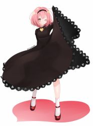 Rule 34 | 1girl, alternate costume, artist name, bad id, bad pixiv id, black dress, clothes lift, dated, dress, dress lift, full body, gotou (nekocat), hairband, heart, komeiji satori, lifting own clothes, long dress, looking at viewer, one eye closed, pink eyes, pink hair, shoes, short hair, simple background, smile, socks, solo, standing, touhou, white background, white socks