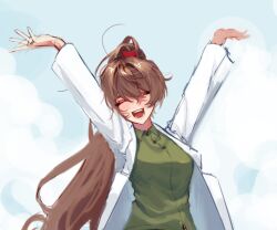Rule 34 | 1girl, arms up, bear hair ornament, blue sky, brown hair, buttons, carmen (project moon), closed eyes, cloud, coat, collared shirt, green shirt, hair ornament, happy, high ponytail, lab coat, lobotomy corporation, long hair, open mouth, project moon, shirt, shrimp 1437, sidelocks, sky, smile, solo, very long hair, white coat, wing collar