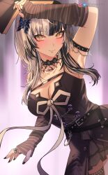 Rule 34 | 1girl, absurdres, arm up, black choker, black dress, black gloves, black hair, black nails, blush, book, breasts, chest belt, chest strap, choker, cleavage, dress, elbow gloves, gloves, highres, holding, holding book, hololive, hololive english, knowname, lace-trimmed choker, lace trim, large breasts, long hair, looking at viewer, multicolored hair, nail polish, shiori novella, shiori novella (1st costume), smile, solo, split-color hair, striped clothes, striped gloves, virtual youtuber, white hair, yellow eyes