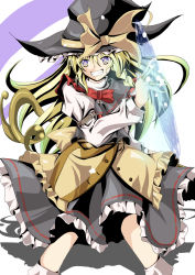 Rule 34 | 1girl, black hat, blonde hair, female focus, hat, highres, kirisame marisa, magic circle, shino (moment), skirt, solo, touhou, undefined fantastic object, white background, witch, witch hat