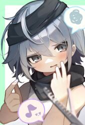 Rule 34 | 1girl, bare arms, bare shoulders, blurry, blurry foreground, commentary request, depth of field, eighth note, g11 (girls&#039; frontline), girls&#039; frontline, green background, grey eyes, grey hair, hands up, harufude, highres, long hair, looking at viewer, musical note, nail polish, parted lips, scissors, shirt, sleeveless, sleeveless shirt, solo, spoken expression, spoken musical note, spoken squiggle, squiggle, two-tone background, upper body, wavy mouth, white background, white nails, white shirt
