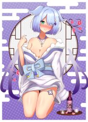 Rule 34 | 1girl, alcohol, aqua eyes, bare shoulders, blue hair, blue nails, blush, bottle, bow, breasts, cherry blossoms, choko (cup), cleavage, cup, drunk, elira pendora, elira pendora (2nd costume), embarrassed, fang, fur trim, hair ornament, hair over one eye, hair wings, hairclip, heterochromia, highres, japanese clothes, kimono, large breasts, looking at viewer, mizmillificent, mole, mole on armpit, nijisanji, nijisanji en, off shoulder, sake, sake bottle, short hair, simple background, sitting, solo, thighs, virtual youtuber, wings
