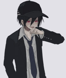 Rule 34 | 1boy, :d, ahoge, black hair, black hat, black jacket, collarbone, collared shirt, commentary request, danganronpa (series), danganronpa v3: killing harmony, formal, grey background, hair between eyes, hand up, hat, iumi urura, jacket, long sleeves, looking at viewer, male focus, necktie, official alternate costume, open clothes, open jacket, open mouth, red eyes, saihara shuichi, shirt, short hair, simple background, smile, solo, upper body, white shirt