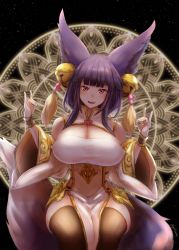 Rule 34 | alternate breast size, alternate costume, alternate hairstyle, animal ears, breasts, cleavage, detached sleeves, erune, fang, fox ears, fox girl, fox shadow puppet, fox tail, gollizo, granblue fantasy, highres, large breasts, mandala, red eyes, solo, tail, thighhighs, wide sleeves, yuel (granblue fantasy)