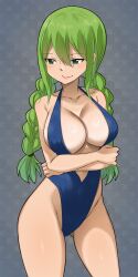 Rule 34 | 1girl, braid, breasts, cleavage, colorized, eden&#039;s zero, gaston18, green eyes, green hair, highres, large breasts, long hair, mashima hiro, matching hair/eyes, smile, solo, swimsuit, twin braids, witch (eden&#039;s zero)
