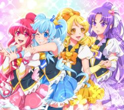 Rule 34 | 0417nao, 10s, 4girls, aino megumi, blonde hair, blue eyes, blue hair, blue skirt, blush, bow, brooch, cure fortune, cure honey, cure lovely, cure princess, happinesscharge precure!, heart, heart brooch, hikawa iona, holding hands, magical girl, multiple girls, one eye closed, oomori yuuko, open mouth, pink bow, pink eyes, pink hair, ponytail, precure, purple eyes, purple hair, purple skirt, shirayuki hime, skirt, smile, thighhighs, twintails, wide ponytail, wink, yellow eyes