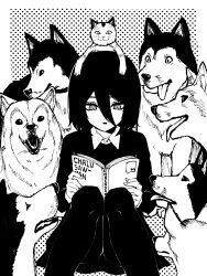 Rule 34 | 1girl, absurdres, animal, animal on head, black background, black hair, black shirt, book, cat, chainsaw man, greyscale, hair between eyes, halftone, halftone background, highres, holding, holding book, husky, looking at object, looking down, meowy (chainsaw man), mole, mole under eye, monochrome, nayuta (chainsaw man), on head, reading, ringed eyes, shirt, short hair, simple background, thighhighs, tongue, tongue out, yones81239278