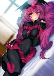 Rule 34 | 10s, 1girl, :p, bad end happy, bad end precure, bat wings, bed sheet, black bodysuit, blush, bodysuit, breasts, covered erect nipples, covered navel, fingerless gloves, gem, gloves, head wings, impossible clothes, kazuma muramasa, long hair, looking at viewer, lying, nail polish, on bed, on side, precure, purple eyes, purple hair, skirt, smile precure!, solo, tiara, tongue, tongue out, twintails, wings