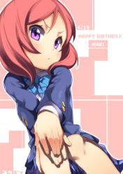 Rule 34 | &gt;:t, 10s, 1girl, :t, artist name, blazer, blue bow, blue bowtie, blush, bow, bowtie, character name, dated, happy birthday, jacket, long sleeves, looking at viewer, love live!, love live! school idol project, nishikino maki, pout, purple eyes, red hair, school uniform, short hair, solo, striped bow, striped bowtie, striped clothes, striped neckwear, uniform, v-shaped eyebrows, yuuzii