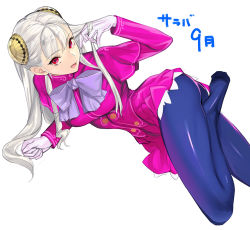Rule 34 | 1girl, ass, blue pantyhose, breasts, capcom fighting jam, dress, feet, gloves, hair ornament, highres, ingrid (capcom), long hair, looking at viewer, lying, medium breasts, no shoes, on side, open mouth, pantyhose, purple eyes, silver hair, simple background, smile, solo, tetsu (kimuchi), toes, white background, white gloves