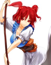 Rule 34 | 1girl, chirigami-san, female focus, hair bobbles, hair ornament, obi, onozuka komachi, red eyes, red hair, sash, scythe, short hair, short twintails, simple background, smile, solo, touhou, twintails, two side up, white background