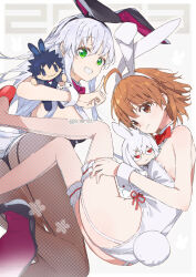 Rule 34 | 2023, 2girls, :d, accelerator (toaru majutsu no index), ahoge, animal ears, ass, backless leotard, bare shoulders, black footwear, black leotard, black pantyhose, bob cut, bow, bowtie, breasts, bridal garter, brown eyes, brown hair, character doll, chibi, chinese zodiac, collar, commentary, curled up, detached collar, doll, english commentary, fake animal ears, fake tail, fishnet pantyhose, fishnets, foot out of frame, from behind, from side, garter straps, green eyes, grin, hair between eyes, halftone, halftone background, halftone texture, hand on own leg, high heels, holding, holding doll, index (toaru majutsu no index), index finger raised, kamijou touma, last order (toaru majutsu no index), legs, leotard, light smile, long hair, looking at viewer, looking back, looking to the side, medium breasts, multiple girls, new year, open mouth, pantyhose, playboy bunny, purple bow, purple bowtie, rabbit ears, rabbit symbol, rabbit tail, raised eyebrows, red bow, red bowtie, red eyes, red footwear, s m 831, short hair, small breasts, smile, strapless, strapless leotard, tail, toaru kagaku no railgun, toaru majutsu no index, twitter username, white collar, white hair, white leotard, white pantyhose, wrist cuffs, year of the rabbit