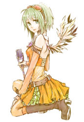 Rule 34 | 1girl, angel wings, boots, full body, goggles, goggles on head, green eyes, green hair, gumi, himetachibana, kneeling, matching hair/eyes, microphone, microphone stand, orange skirt, short hair, simple background, skirt, smile, solo, vintage microphone, vocaloid, wings
