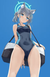 Rule 34 | 1girl, ahoge, animal ear fluff, animal ears, bare arms, bare shoulders, black one-piece swimsuit, blue archive, blue background, blue eyes, blush, breasts, cameltoe, cleft of venus, collarbone, competition swimsuit, covered navel, cowboy shot, cross, extra ears, from below, gluteal fold, grey hair, hair between eyes, halo, highres, holding, inverted cross, looking at viewer, multicolored clothes, multicolored swimsuit, official alternate costume, one-piece swimsuit, parted lips, shiroko (blue archive), shiroko (swimsuit) (blue archive), short hair, simple background, sky, small breasts, solo, standing, swimsuit, takayaki, thighs, two-tone swimsuit, white background, wolf ears