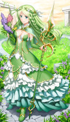Rule 34 | 1girl, bouquet, braid, breasts, capelet, cleavage, closed mouth, cobblestone, commentary request, detached sleeves, dress, flower, frilled dress, frills, full body, gloves, grass, green capelet, green dress, green eyes, green gloves, green hair, head wreath, holding, holding bouquet, holding flower, holding polearm, holding weapon, lilac, long hair, looking at viewer, medium breasts, natsuya (kuttuki), orange flower, orange sky, polearm, purple flower, red flower, side braid, sky, smile, solo, spear, standing, strapless, strapless dress, venus blade, weapon