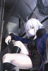 Rule 34 | ahoge, bad id, bad pixiv id, black dress, blue coat, boots, breasts, coat, commentary request, concrete, dress, ductwork, fate/grand order, fate (series), fur collar, fur trim, grey background, grin, highres, industrial pipe, jeanne d&#039;arc (fate), jeanne d&#039;arc alter (fate), jeanne d&#039;arc alter (ver. shinjuku 1999) (fate), jewelry, large breasts, necklace, official alternate costume, pale skin, short hair, silver hair, sitting, smile, solo, tsurime, wicked dragon witch ver. shinjuku 1999, wiring, yamadadesuyo212, yellow eyes
