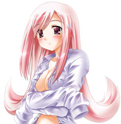 Rule 34 | 00s, 1girl, blush, breasts, cleavage, large breasts, long hair, lucy maria misora, open clothes, open shirt, otoki raku, pink hair, red eyes, shirt, solo, to heart (series), to heart 2