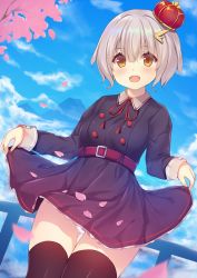 Rule 34 | 1girl, :d, belt, belt buckle, black dress, black thighhighs, blue sky, blush, branch, breasts, brown eyes, buckle, cloud, cloudy sky, collared shirt, commentary request, crown, day, dress, dutch angle, earrings, gluteal fold, grey hair, hair between eyes, hair ornament, highres, jewelry, long sleeves, mini crown, moe2020, neck ribbon, open mouth, original, outdoors, panties, petals, railing, red belt, red ribbon, rennkuu, ribbon, shirt, short hair, skirt hold, sky, small breasts, smile, solo, thigh gap, thighhighs, tilted headwear, underwear, white panties