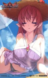 Rule 34 | akaga hirotaka, arcana heart, arcana heart 3, beach umbrella, blanket, brooch, clarice di lanza, closed eyes, company name, copyright name, copyright notice, day, hat, jewelry, light rays, logo, long hair, lying, non-web source, not for sale, outdoors, pointy ears, red hair, straw hat, sun hat, umbrella