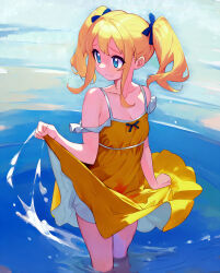Rule 34 | 1girl, adjusting clothes, bare shoulders, blonde hair, blue bow, blue eyes, bow, closed mouth, clothes lift, collarbone, dress, dress lift, female focus, hair bow, highres, lifting own clothes, orange dress, original, outdoors, partially submerged, solo, standing, tsukiyono aroe, turning head, twintails, wading, water