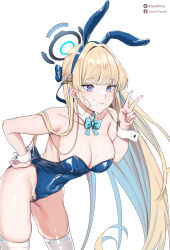Rule 34 | 1girl, absurdres, animal ears, aqua bow, aqua bowtie, bare arms, bare shoulders, blonde hair, blue archive, blue eyes, blue hairband, blue leotard, blush, bow, bowtie, breasts, cleavage, closed mouth, collarbone, commentary, cum, detached collar, earrings, egg vibrator, english commentary, facial, fake animal ears, female focus, female pubic hair, hair ornament, hairband, halo, hand up, highleg, highleg leotard, highres, jewelry, large breasts, leaning forward, leotard, lewdlinly, long hair, looking at viewer, playboy bunny, pubic hair, rabbit ears, sex toy, simple background, solo, stray pubic hair, thighhighs, thighs, toki (blue archive), toki (bunny) (blue archive), twitter username, v, vibrator, white background, white thighhighs, wrist cuffs