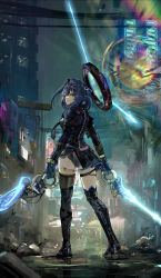 Rule 34 | 1girl, absurdres, alternate costume, blue hair, chain, cyberpunk, halo, highres, hololive, hololive english, mechanical halo, ouro kronii, short hair, solo, virtual youtuber, vyragami