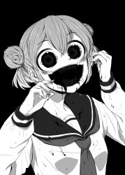 Rule 34 | 1girl, 4shi, blood, blood on clothes, blood on face, blood on hands, commentary request, dango-chan (4shi), double bun, greyscale, hair between eyes, hair bun, highres, hollow eyes, horror (theme), long sleeves, looking at viewer, monochrome, necktie, open mouth, original, school uniform, serafuku, short hair, simple background, solo, tape, upper body