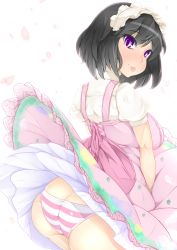 Rule 34 | 1girl, :p, ass, black hair, blush, breasts, butt crack, cherry blossoms, dress, frilled dress, frills, headdress, komoe hoshi, large breasts, lolita fashion, looking at viewer, looking back, original, panties, pantyshot, puffy sleeves, purple eyes, shiny skin, short hair, skirt, solo, striped clothes, striped panties, tongue, tongue out, underwear, upskirt, wind, wind lift