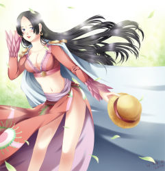 Rule 34 | 1girl, amazon lily, boa hancock, breasts, female focus, hat, long hair, navel, one piece, plant, solo, standing, straw hat, wind
